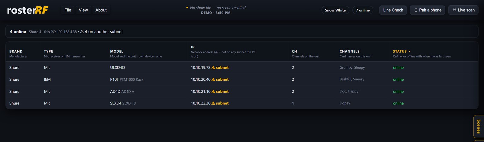 rosterRF device-list view of receivers on the network